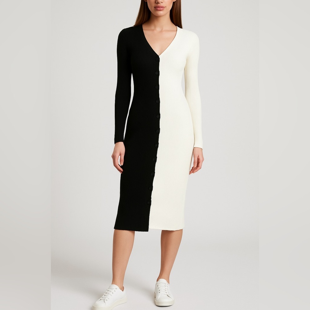 Black and White long sleeve knit sweater dress